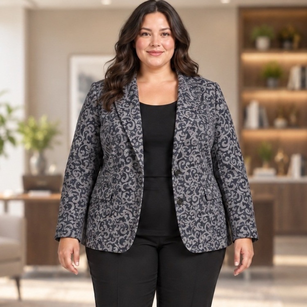 Isaac Mizrahi Live Blazer Grey Navy Damask Scroll Jacquard Officecore Career 26W